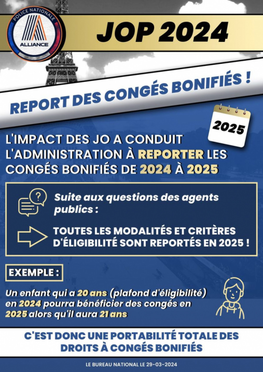 JOP 2024: report des congés bonifiés